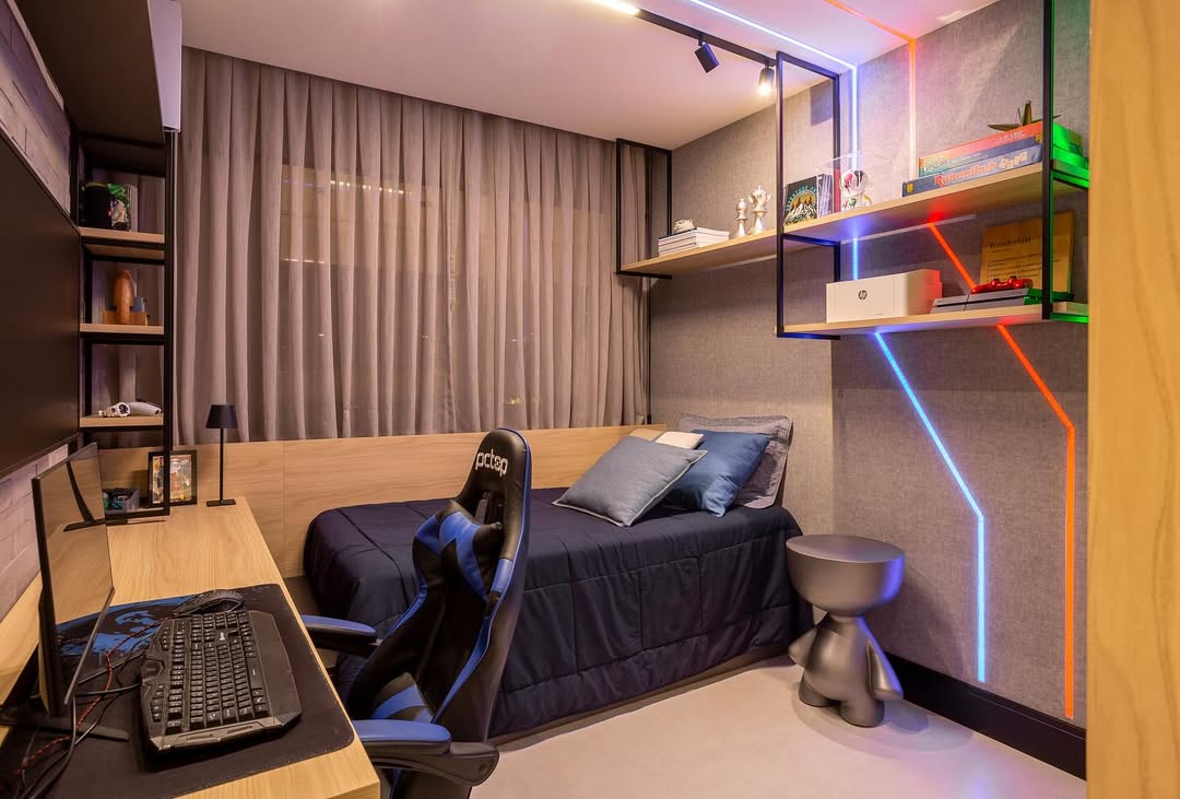 Quarto personalizado com iluminação técnica